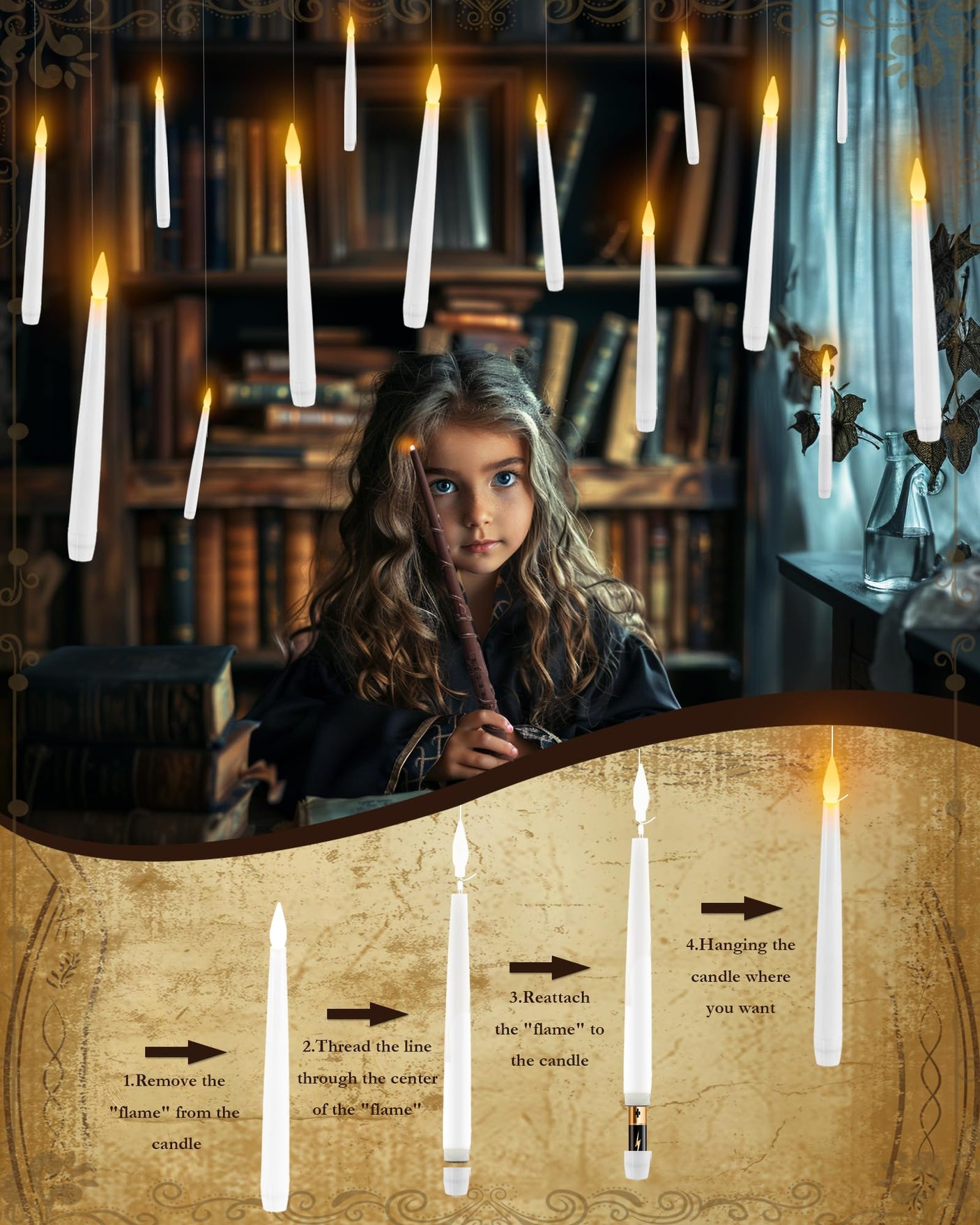 20 Pcs Floating Candles with Wand, Hanging Candles with Timer, Magic Deco Candles Flickering Warm Light, Flameless Taper Candles with Wand Remote, LED Candlesticks for Birthday Halloween Party Decor - Build Your Ideas