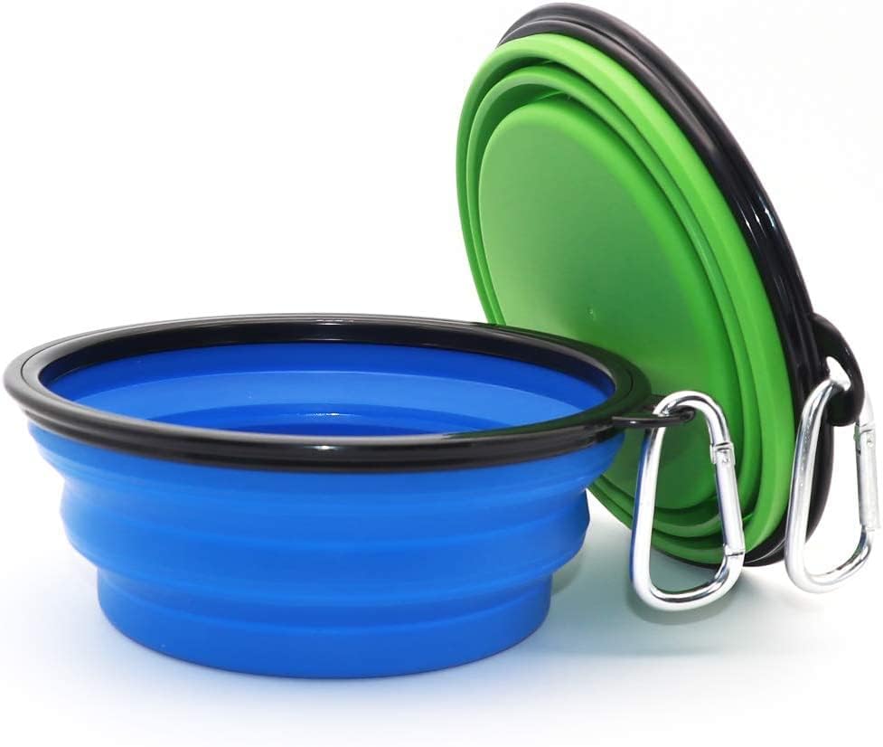 Dog Bowl Pet Collapsible Bowls, 2 Pack for Cats Dogs, Portable Pet Feeding Watering Dish for Walking Parking Traveling with 2 Carabiners (Small, Blue+Green)
