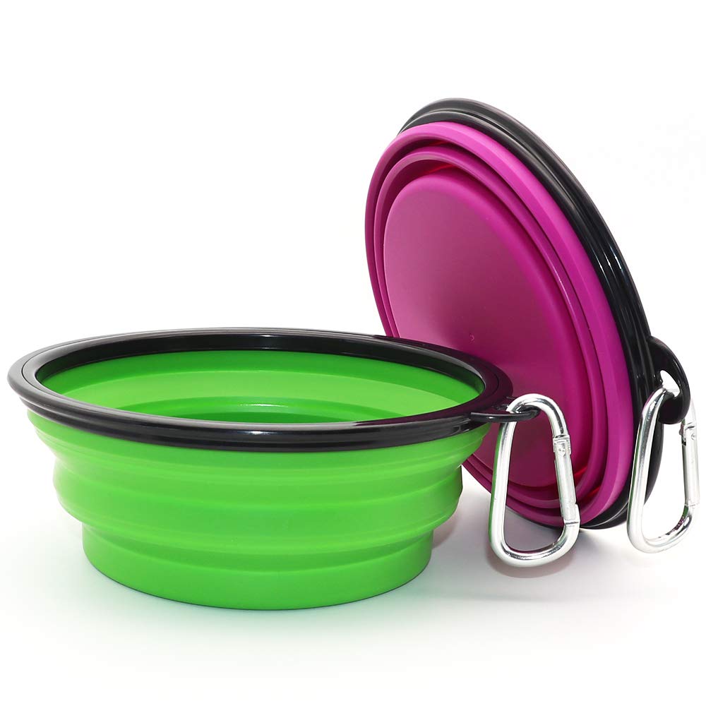 Dog Bowl Pet Collapsible Bowls, 2 Pack for Cats Dogs, Portable Pet Feeding Watering Dish for Walking Parking Traveling with 2 Carabiners (Small, Blue+Green)