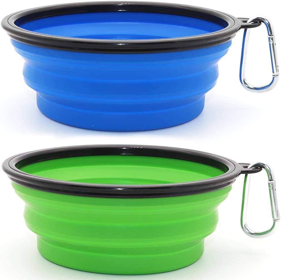Dog Bowl Pet Collapsible Bowls, 2 Pack for Cats Dogs, Portable Pet Feeding Watering Dish for Walking Parking Traveling with 2 Carabiners (Small, Blue+Green)
