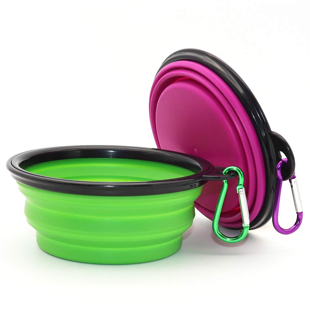 Dog Bowl Pet Collapsible Bowls, 2 Pack for Cats Dogs, Portable Pet Feeding Watering Dish for Walking Parking Traveling with 2 Carabiners (Small, Blue+Green)