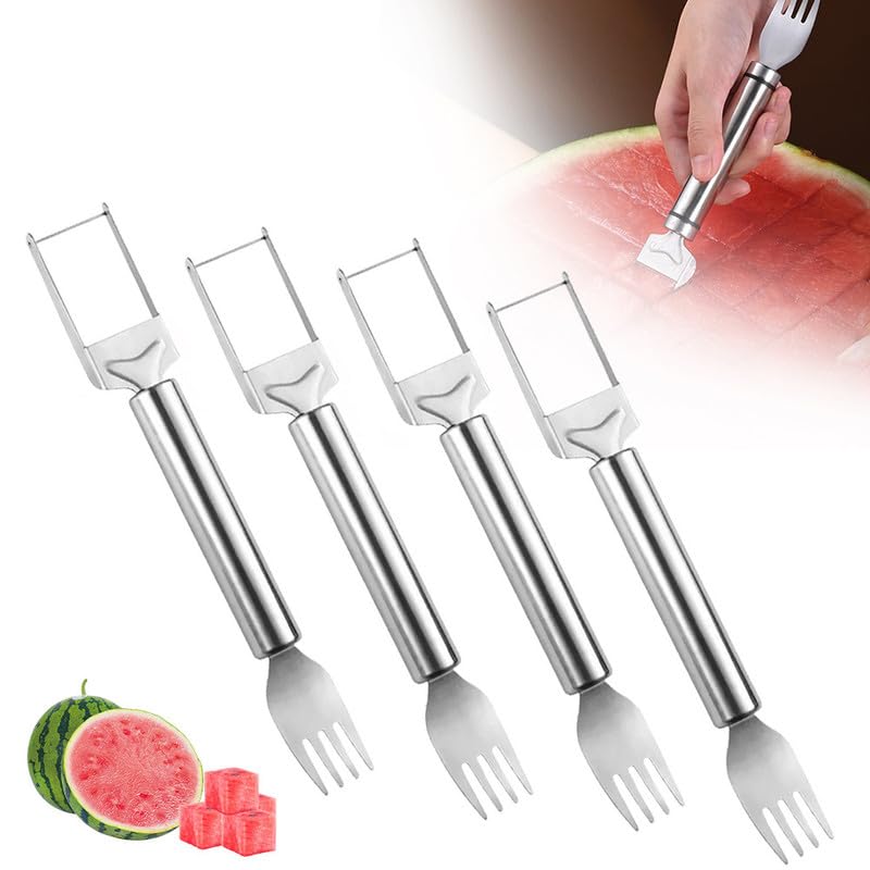 Upgraded 2-in-1 Stainless Steel Fruit Cutter, 2024 New Watermelon Fork Slicer Cutter Slicer Tool, Dual Head Fruit Forks Slicer Knife with Round Handle (2 PCS)