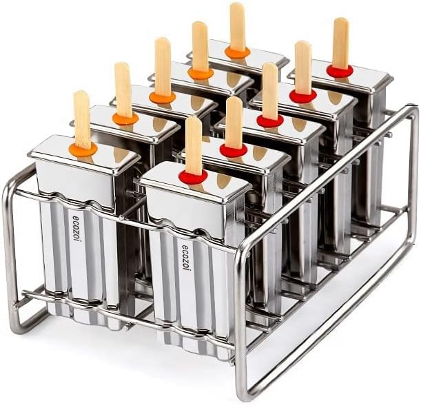 Stainless Steel Popsicle Molds and Rack - 10 Square Ice Pop Makers + 50 Reusable Bamboo Sticks + 20 Silicone Seals + 1 Cleaning Brush + 1 Rack