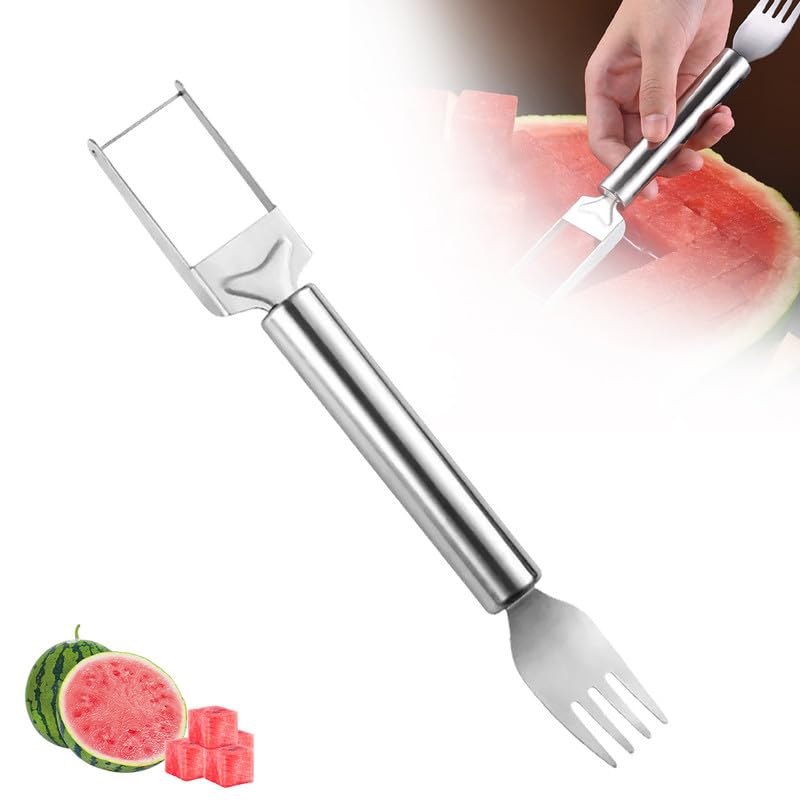 Upgraded 2-in-1 Stainless Steel Fruit Cutter, 2024 New Watermelon Fork Slicer Cutter Slicer Tool, Dual Head Fruit Forks Slicer Knife with Round Handle (2 PCS)