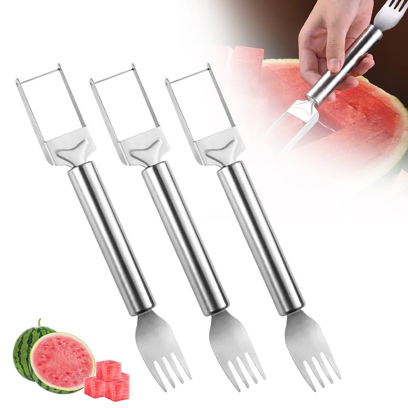 Upgraded 2-in-1 Stainless Steel Fruit Cutter, 2024 New Watermelon Fork Slicer Cutter Slicer Tool, Dual Head Fruit Forks Slicer Knife with Round Handle (2 PCS)
