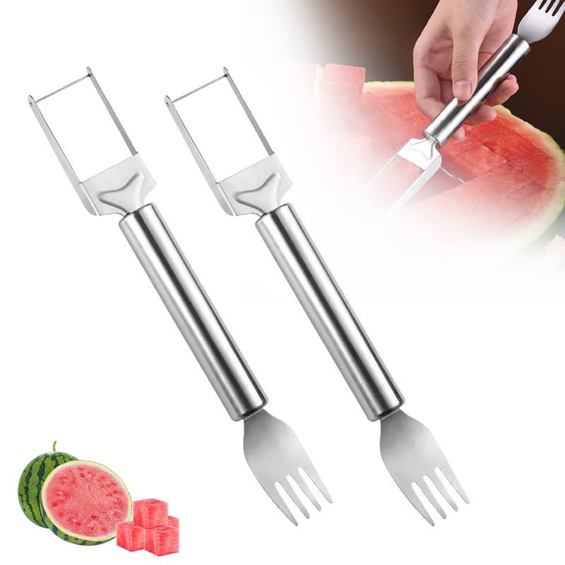 Upgraded 2-in-1 Stainless Steel Fruit Cutter, 2024 New Watermelon Fork Slicer Cutter Slicer Tool, Dual Head Fruit Forks Slicer Knife with Round Handle (2 PCS)