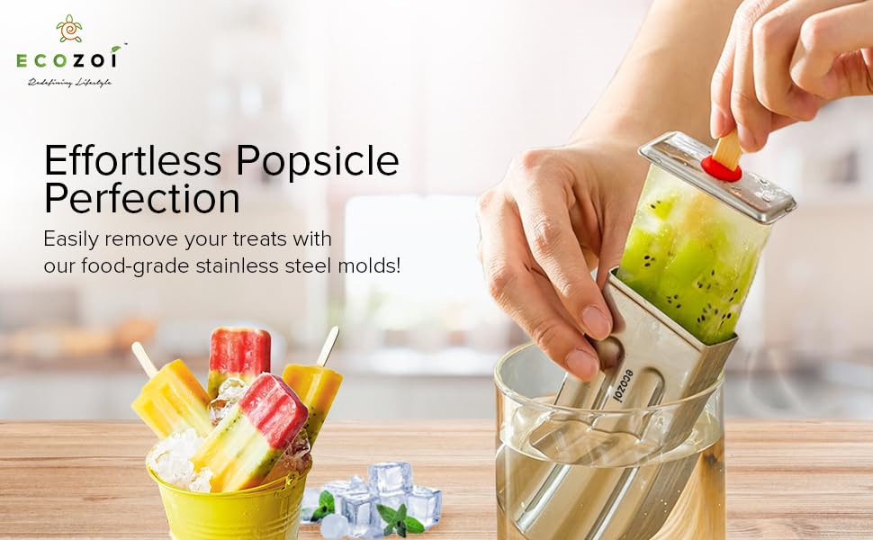 Stainless Steel Popsicle Molds and Rack - 10 Square Ice Pop Makers + 50 Reusable Bamboo Sticks + 20 Silicone Seals + 1 Cleaning Brush + 1 Rack
