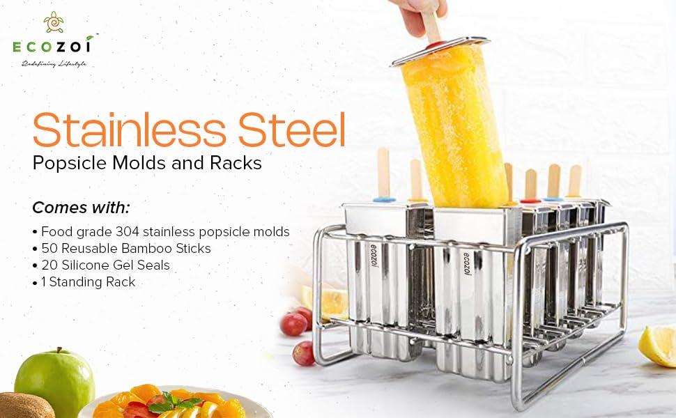 Stainless Steel Popsicle Molds and Rack - 10 Square Ice Pop Makers + 50 Reusable Bamboo Sticks + 20 Silicone Seals + 1 Cleaning Brush + 1 Rack