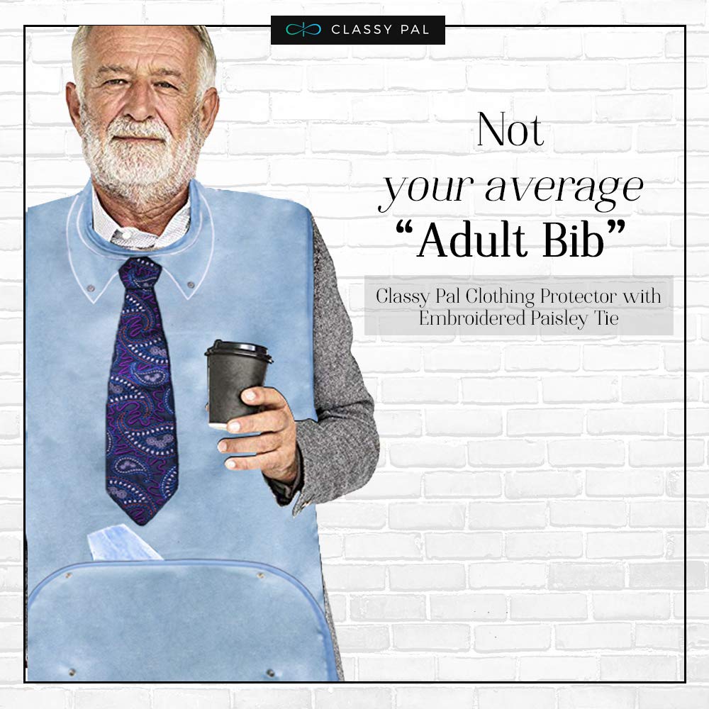 Adult Bibs for Men, Dress ‘n Dine™ Clothing Protectors for Eating, Senior Adult Bib Terry Cloth Crumb Catcher, Embroidered Design, Waterproof, Reusable, Washable (Blue Tie + Tuxedo)