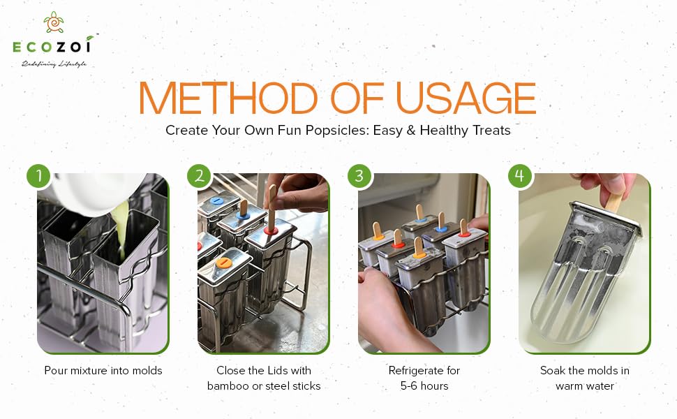 Stainless Steel Popsicle Molds and Rack - 10 Square Ice Pop Makers + 50 Reusable Bamboo Sticks + 20 Silicone Seals + 1 Cleaning Brush + 1 Rack