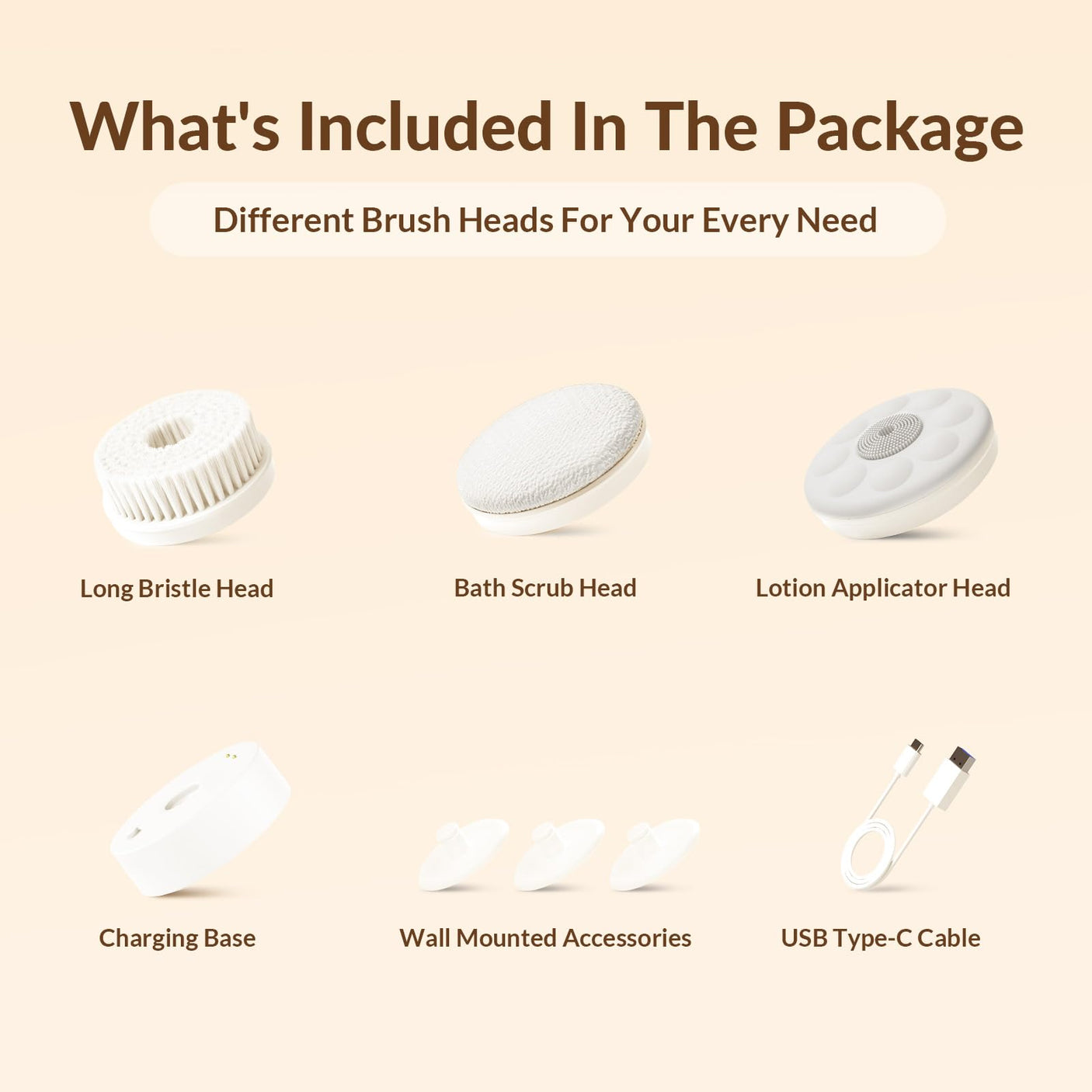 Electric Body Brush Back Scrubber for Shower, Waterproof Long Dual Handle Power Body Scrubber with 3 Heads, Rechargeable Bath Brush & 2 Speeds, for Cleansing, Exfoliating and Massaging Skin