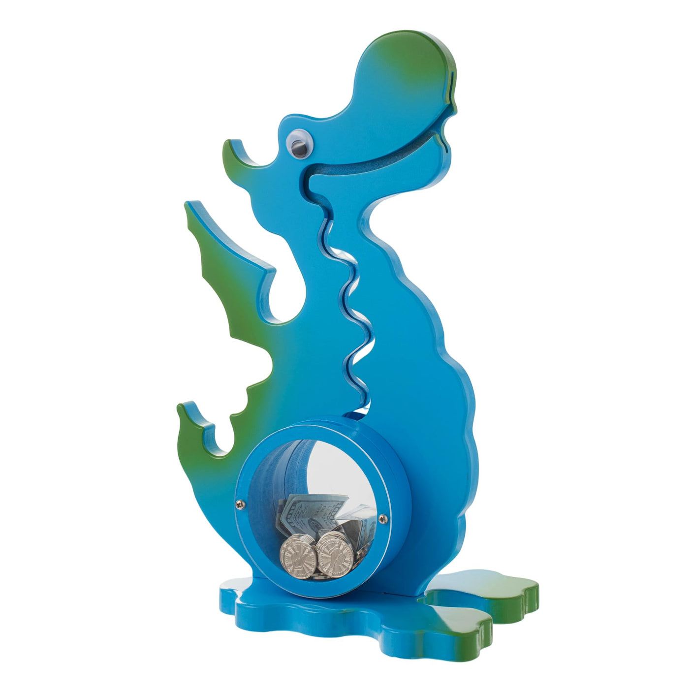 Wooden Dinosaur Piggy Bank Boalord for Boys Kids Girls Clear Big Belly Animal Coin Bank for Toddler Real Money Toy(Dino-Blue)