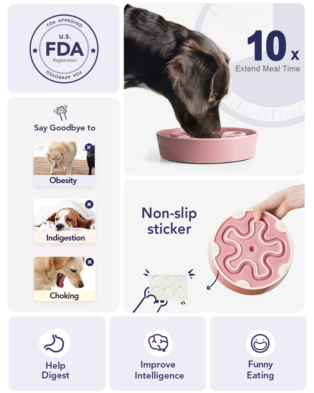 LE TAUCI Dog Bowls Slow Feeder Ceramic, 1.5 Cups Slow Feeding Dog Bowl Small Medium Breed, Puppy Slow Feeder Bowl for Fast Eater, Dog Dishes to Slow Down Eating, Puzzle Dog Food Bowl, Maze Purple