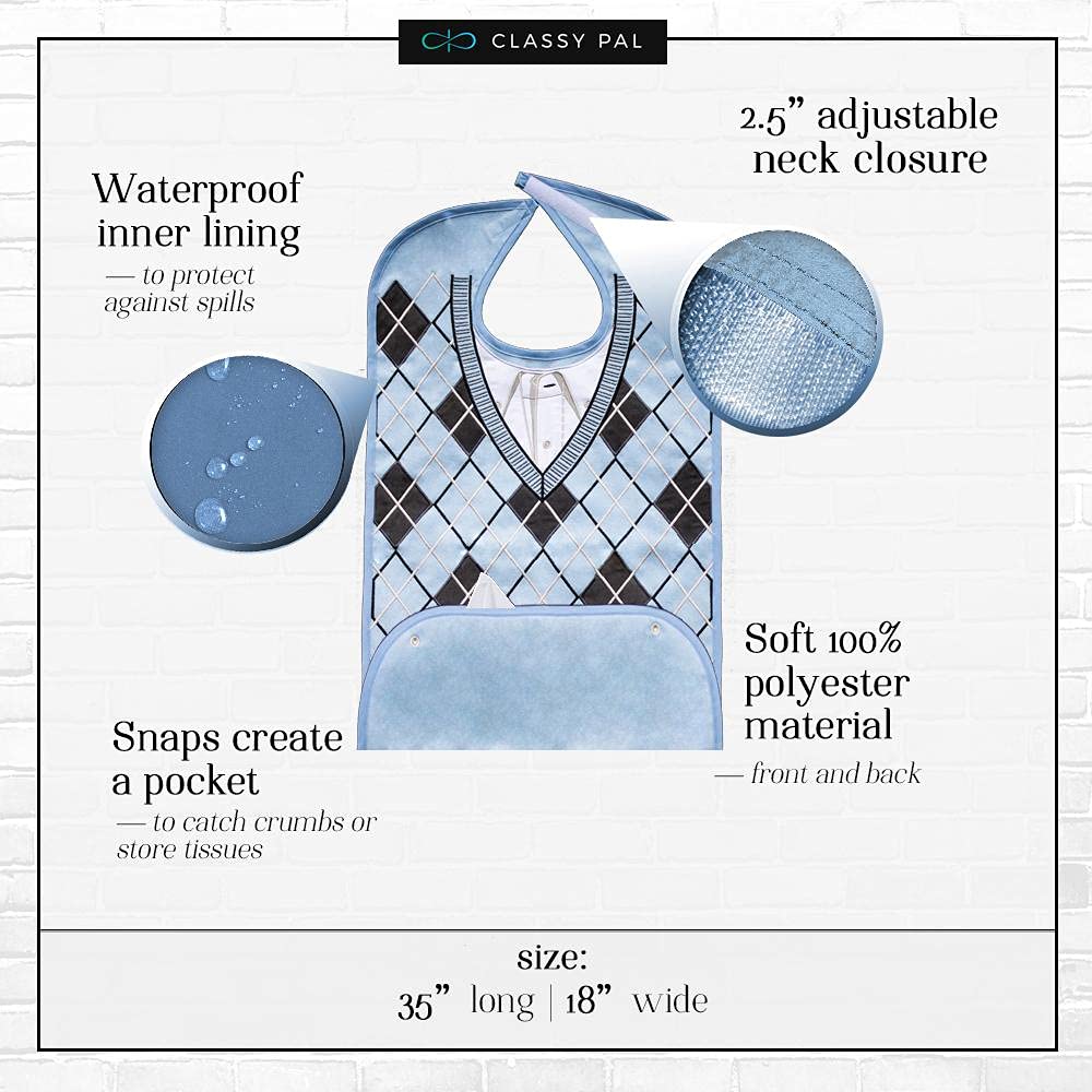 Adult Bibs for Men, Dress ‘n Dine™ Clothing Protectors for Eating, Senior Adult Bib Terry Cloth Crumb Catcher, Embroidered Design, Waterproof, Reusable, Washable (Blue Tie + Tuxedo)