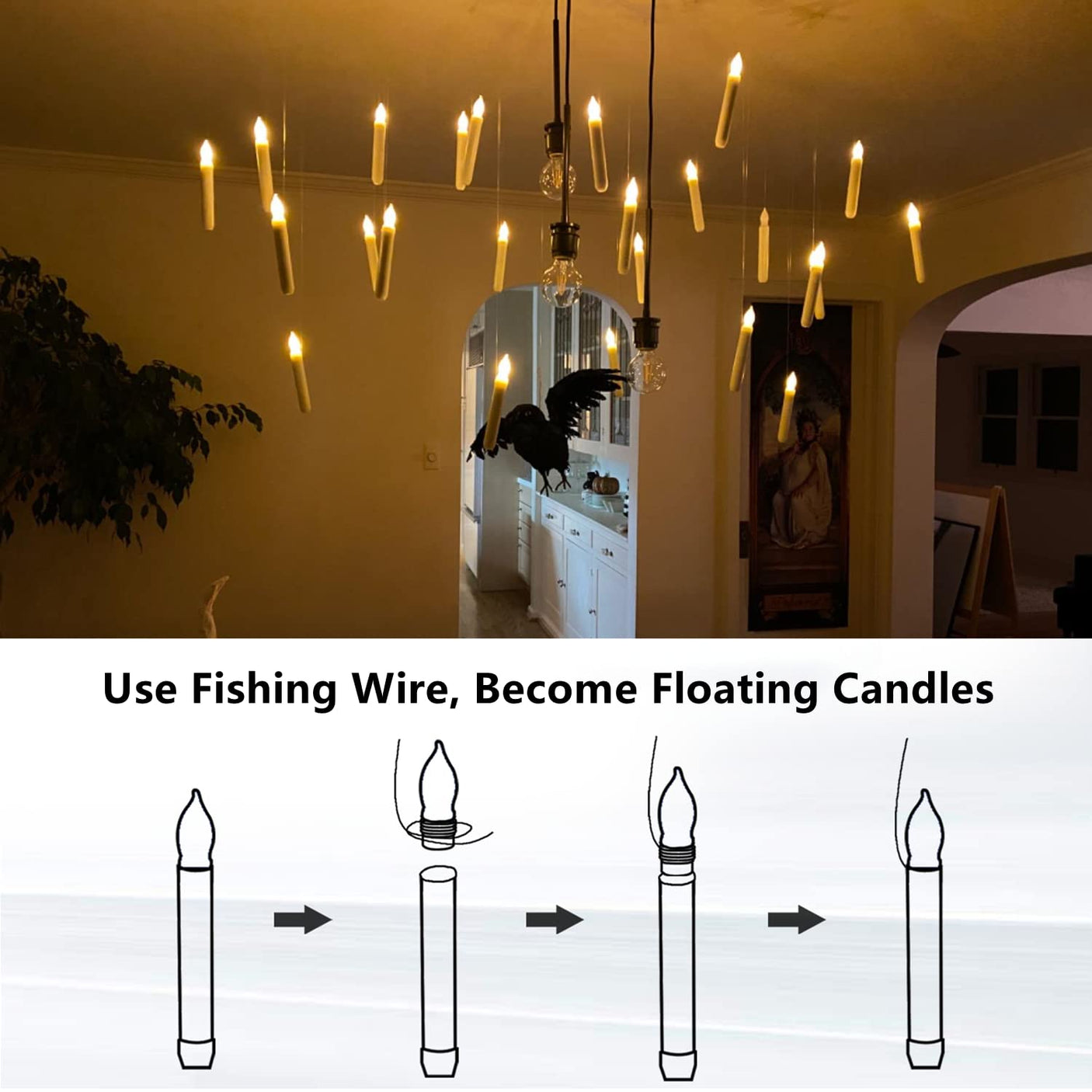 20 Pcs Floating Candles with Wand, Hanging Candles with Timer, Magic Deco Candles Flickering Warm Light, Flameless Taper Candles with Wand Remote, LED Candlesticks for Birthday Halloween Party Decor