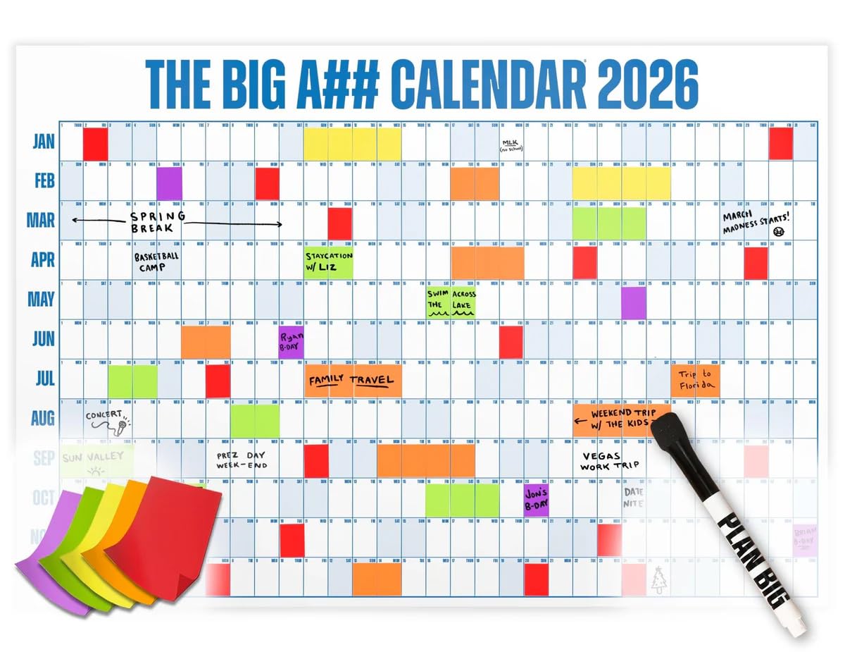 The Big A## Calendar Full-Year Wall Calendar – 2026 Dry-Erase – Includes 1 Marker & 100 Labels – Lightweight, Easy to Hang Yearly Calendar – Year at a Glance – Plan Big Goals & Adventures – Blue