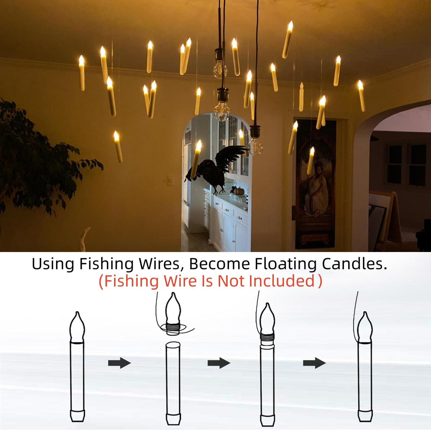 20 Pcs Floating Candles with Wand, Hanging Candles with Timer, Magic Deco Candles Flickering Warm Light, Flameless Taper Candles with Wand Remote, LED Candlesticks for Birthday Halloween Party Decor