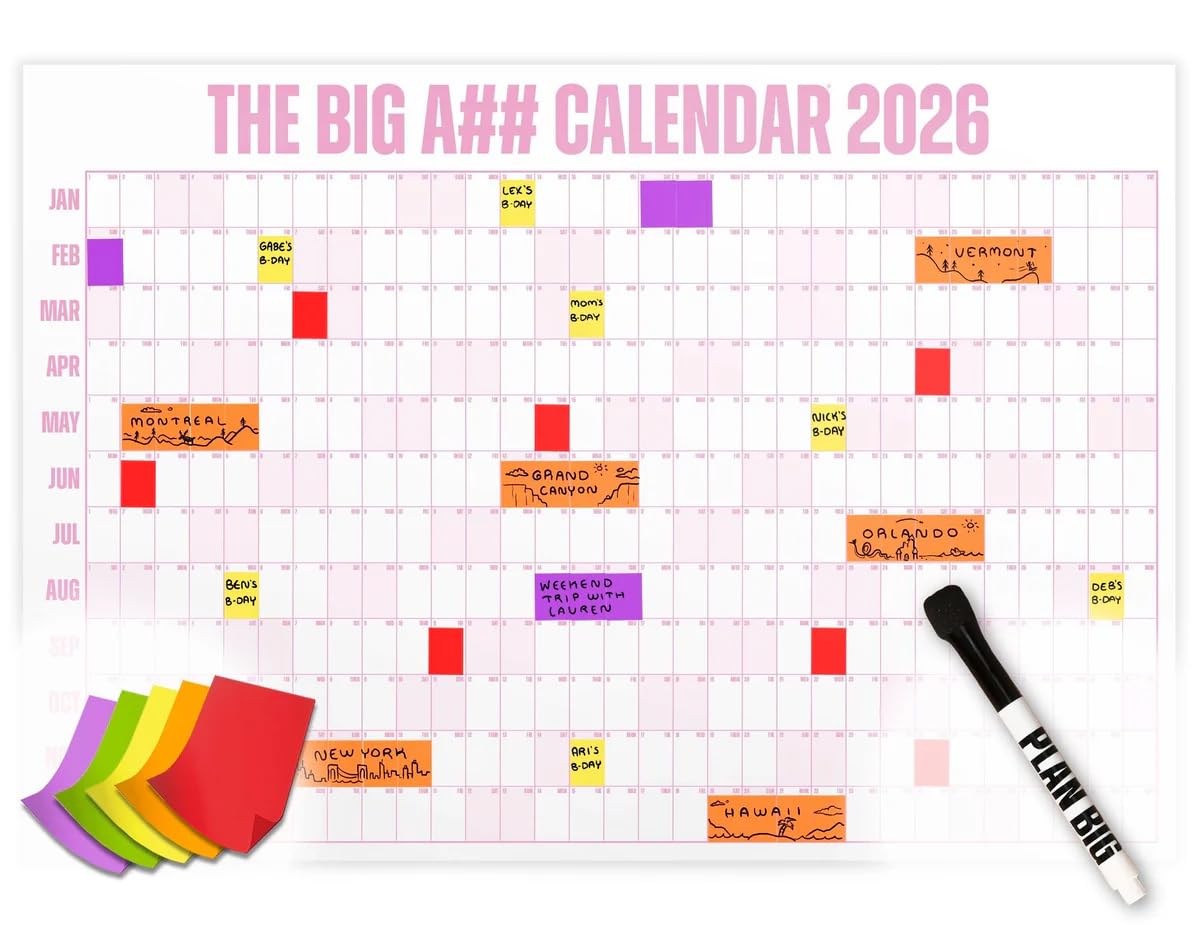 The Big A## Calendar Full-Year Wall Calendar – 2026 Dry-Erase – Includes 1 Marker & 100 Labels – Lightweight, Easy to Hang Yearly Calendar – Year at a Glance – Plan Big Goals & Adventures – Blue