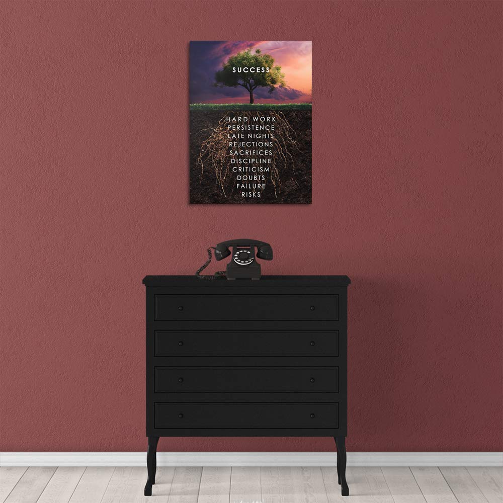 Success Tree Inspirational Quote Canvas Wall Art Motivational Motto Painting Inspiring Entrepreneur Posters Prints Artwork Decor Framed for Home Office Classroom Ready to Hang - 12" Wx18 H