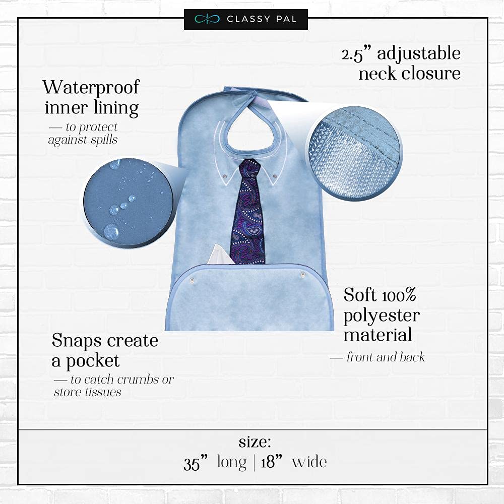 Adult Bibs for Men, Dress ‘n Dine™ Clothing Protectors for Eating, Senior Adult Bib Terry Cloth Crumb Catcher, Embroidered Design, Waterproof, Reusable, Washable (Blue Tie + Tuxedo)