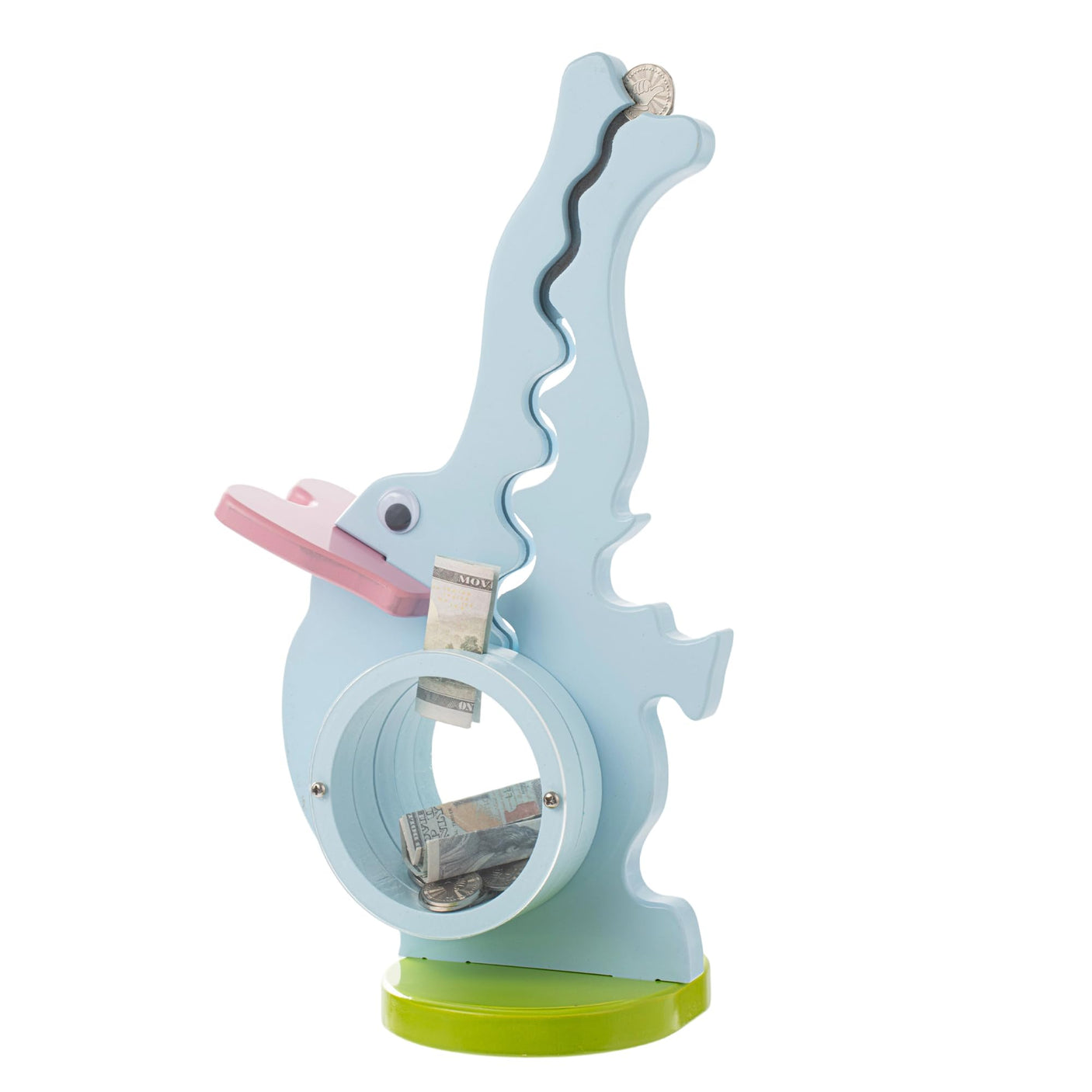 Wooden Dinosaur Piggy Bank Boalord for Boys Kids Girls Clear Big Belly Animal Coin Bank for Toddler Real Money Toy(Dino-Blue)