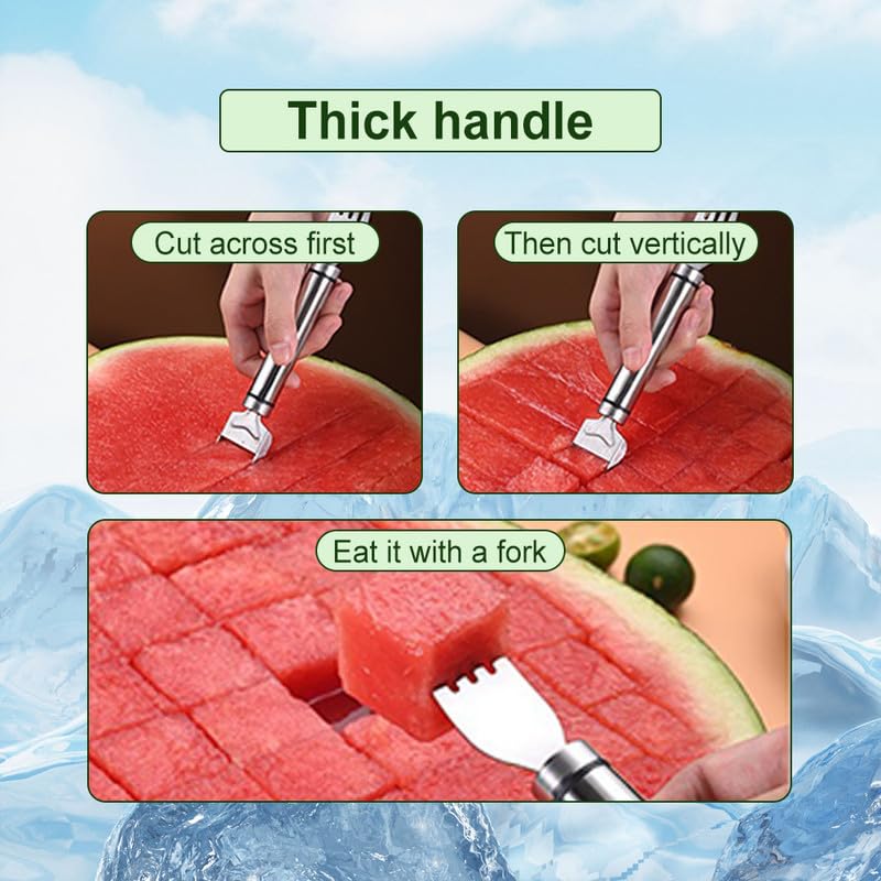 Upgraded 2-in-1 Stainless Steel Fruit Cutter, 2024 New Watermelon Fork Slicer Cutter Slicer Tool, Dual Head Fruit Forks Slicer Knife with Round Handle (2 PCS)