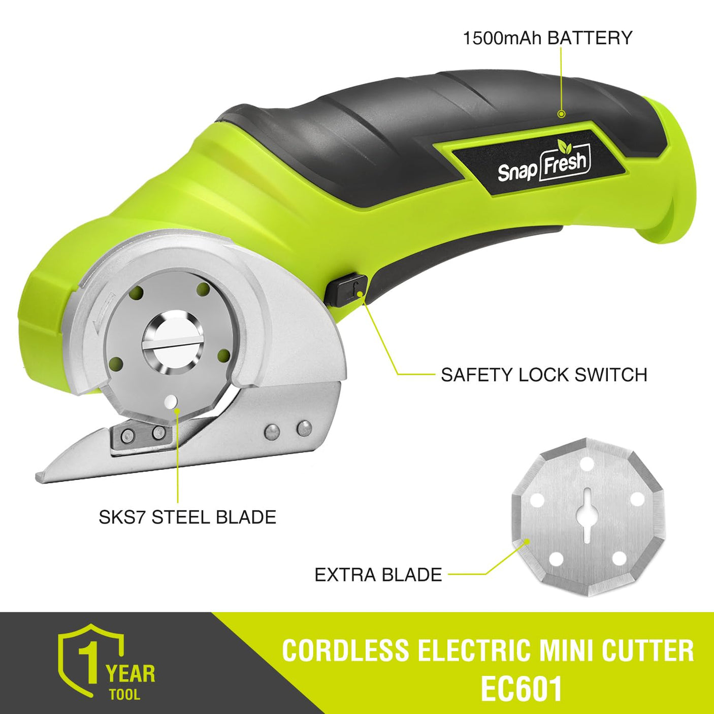SnapFresh Cordless Electric Scissors, 4V Electric Mini Box Cutter, Carpet & Cardboard Cutter Tool with a Replacement Blade/Charger, Rotary Cutter for Cardboard Packages Leather Plastic (Green)