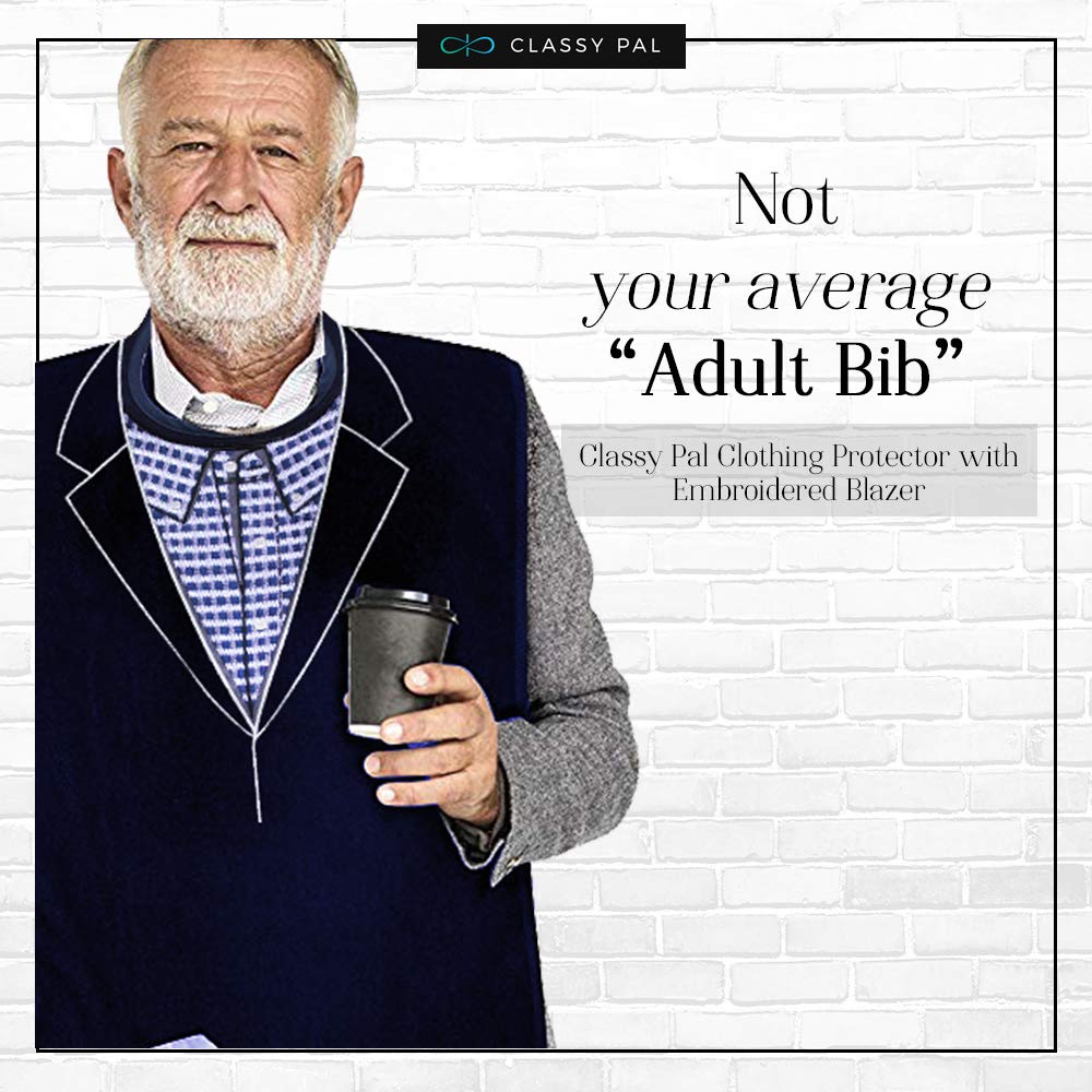 Adult Bibs for Men, Dress ‘n Dine™ Clothing Protectors for Eating, Senior Adult Bib Terry Cloth Crumb Catcher, Embroidered Design, Waterproof, Reusable, Washable (Blue Tie + Tuxedo)