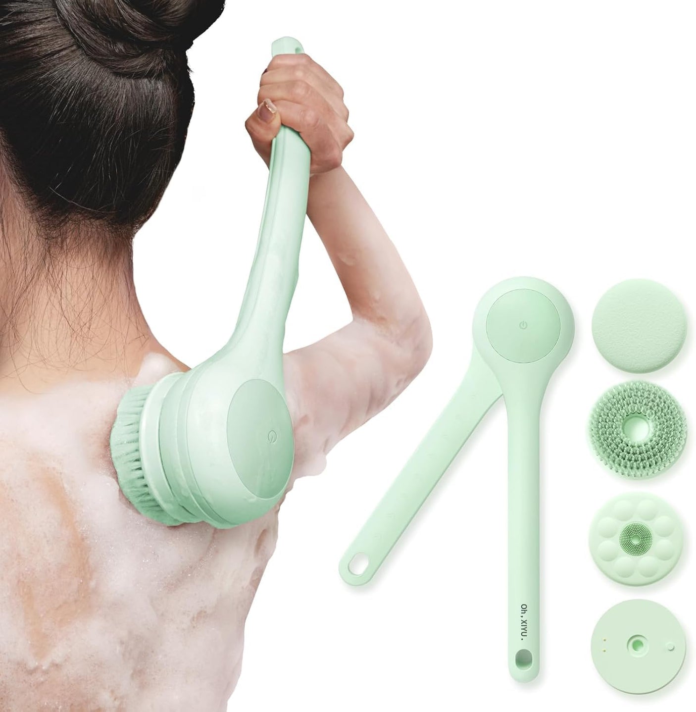 Electric Body Brush Back Scrubber for Shower, Waterproof Long Dual Handle Power Body Scrubber with 3 Heads, Rechargeable Bath Brush & 2 Speeds, for Cleansing, Exfoliating and Massaging Skin