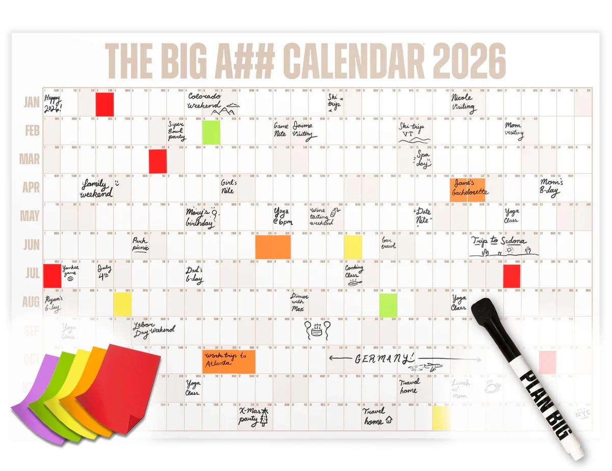 The Big A## Calendar Full-Year Wall Calendar – 2026 Dry-Erase – Includes 1 Marker & 100 Labels – Lightweight, Easy to Hang Yearly Calendar – Year at a Glance – Plan Big Goals & Adventures – Blue