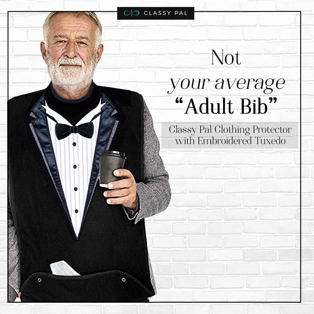 Adult Bibs for Men, Dress ‘n Dine™ Clothing Protectors for Eating, Senior Adult Bib Terry Cloth Crumb Catcher, Embroidered Design, Waterproof, Reusable, Washable (Blue Tie + Tuxedo)