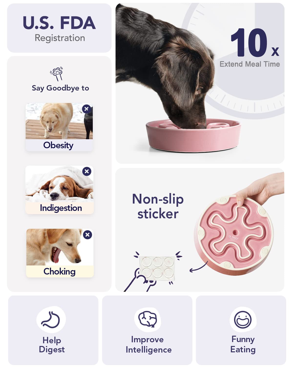 LE TAUCI Dog Bowls Slow Feeder Ceramic, 1.5 Cups Slow Feeding Dog Bowl Small Medium Breed, Puppy Slow Feeder Bowl for Fast Eater, Dog Dishes to Slow Down Eating, Puzzle Dog Food Bowl, Maze Purple