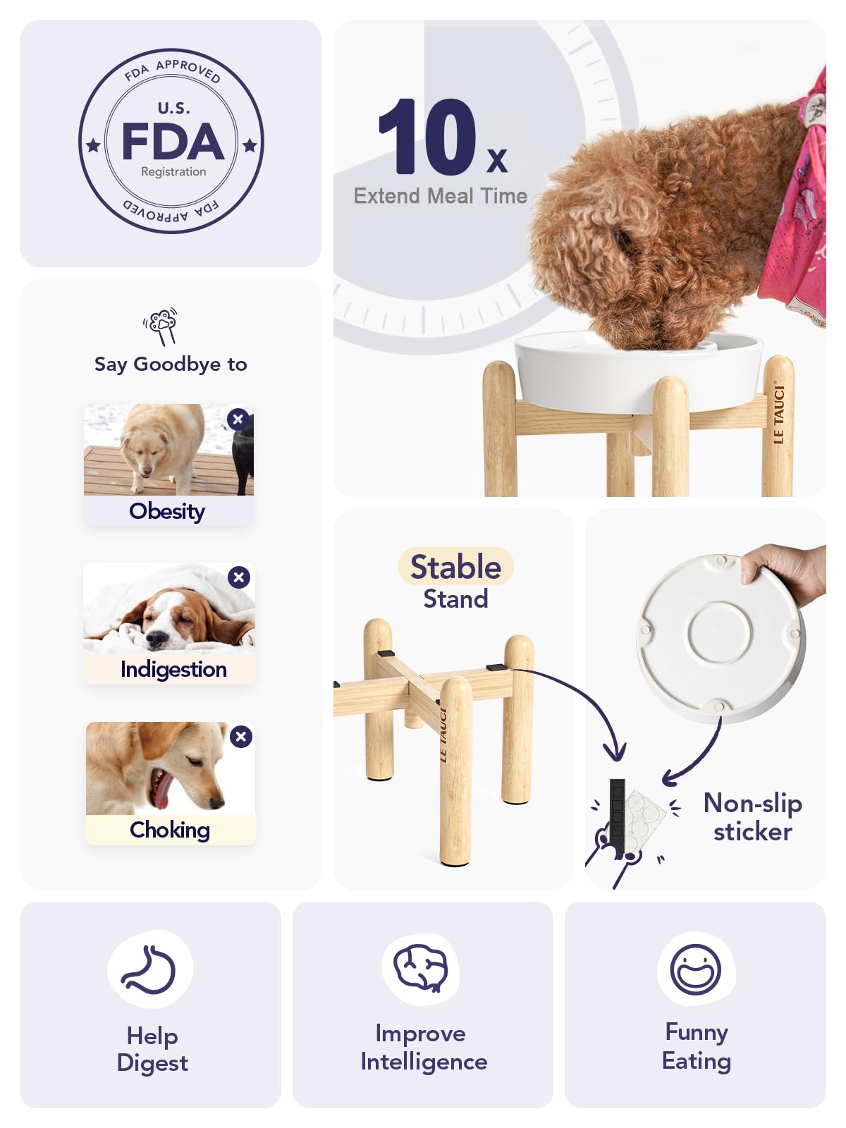 LE TAUCI Dog Bowls Slow Feeder Ceramic, 1.5 Cups Slow Feeding Dog Bowl Small Medium Breed, Puppy Slow Feeder Bowl for Fast Eater, Dog Dishes to Slow Down Eating, Puzzle Dog Food Bowl, Maze Purple