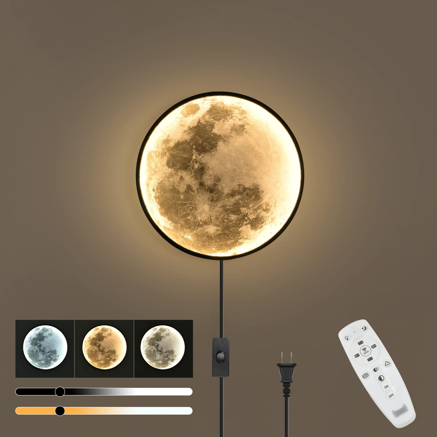 QIYIMEILUX Dimmable Moon Wall Sconce Plug in Modern LED Wall Light with Remote Control 19.7 inch 24W Black Wall Lamp Indoor Wall Mounted Lighting Ceiling Light for Living Room Bedroom(Moon)