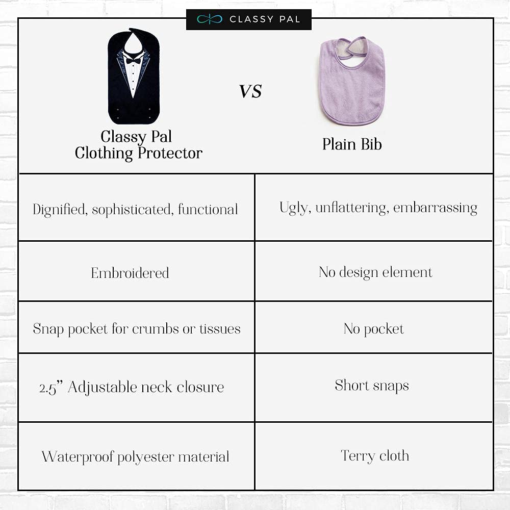 Adult Bibs for Men, Dress ‘n Dine™ Clothing Protectors for Eating, Senior Adult Bib Terry Cloth Crumb Catcher, Embroidered Design, Waterproof, Reusable, Washable (Blue Tie + Tuxedo)