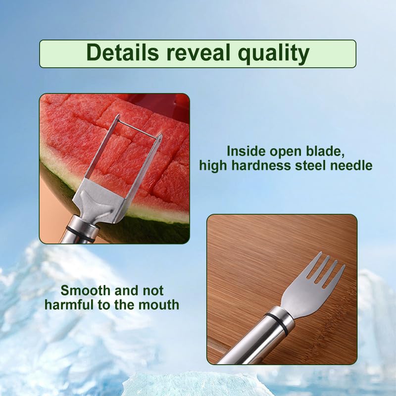 Upgraded 2-in-1 Stainless Steel Fruit Cutter, 2024 New Watermelon Fork Slicer Cutter Slicer Tool, Dual Head Fruit Forks Slicer Knife with Round Handle (2 PCS)