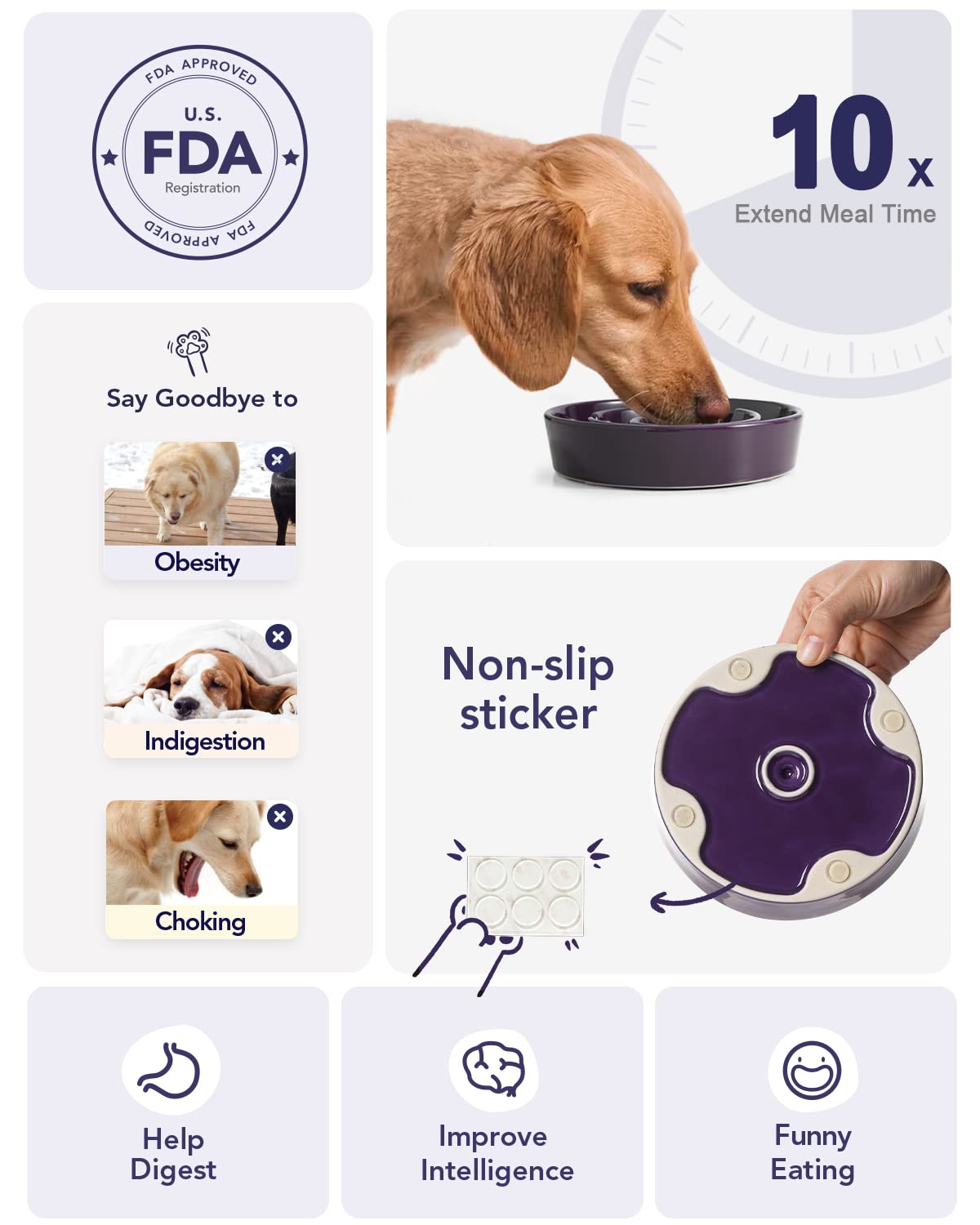 LE TAUCI Dog Bowls Slow Feeder Ceramic, 1.5 Cups Slow Feeding Dog Bowl Small Medium Breed, Puppy Slow Feeder Bowl for Fast Eater, Dog Dishes to Slow Down Eating, Puzzle Dog Food Bowl, Maze Purple