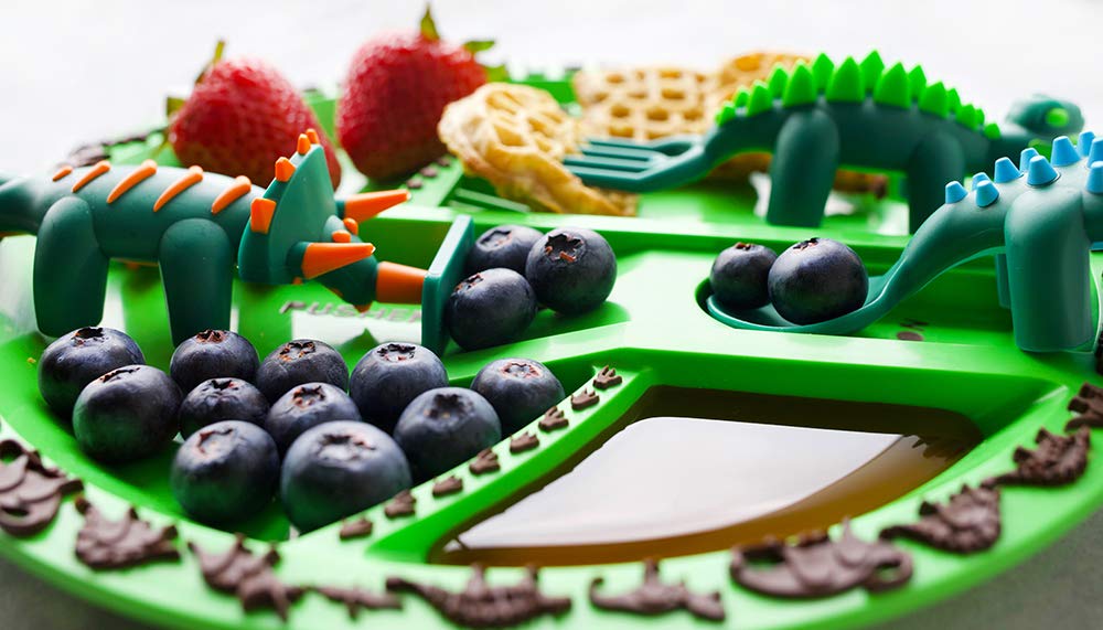 Constructive Eating Plate and Utensils Set - USA-Made Toddler Dinnerware with Divided Plates (Dinosaur)
