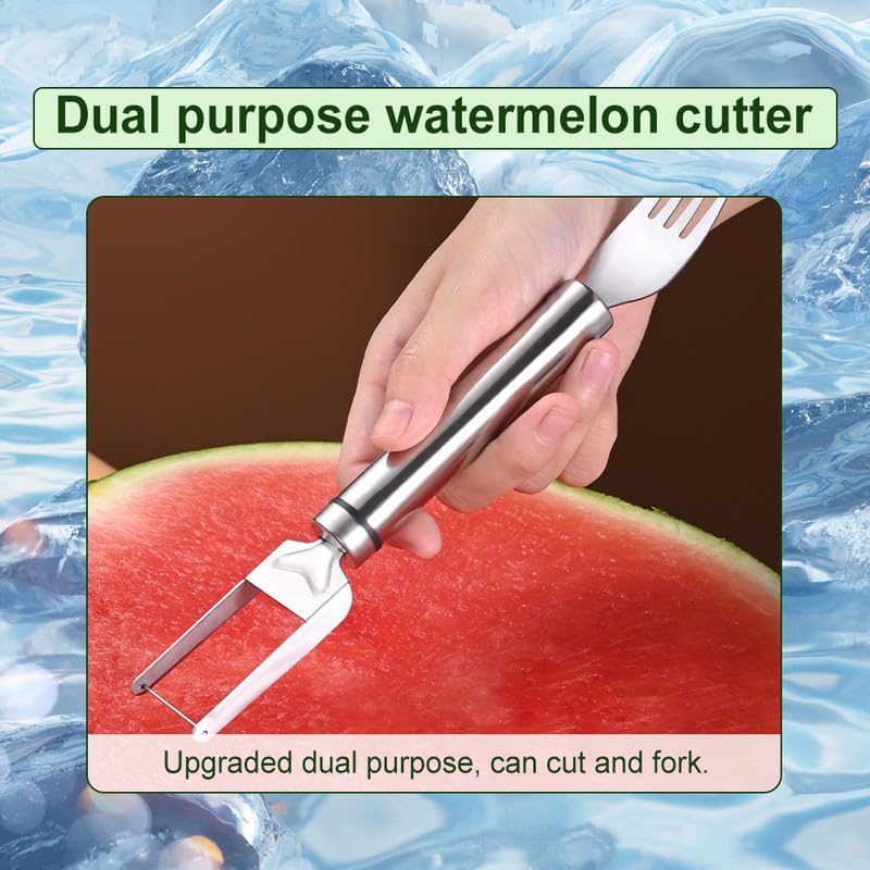 Upgraded 2-in-1 Stainless Steel Fruit Cutter, 2024 New Watermelon Fork Slicer Cutter Slicer Tool, Dual Head Fruit Forks Slicer Knife with Round Handle (2 PCS)