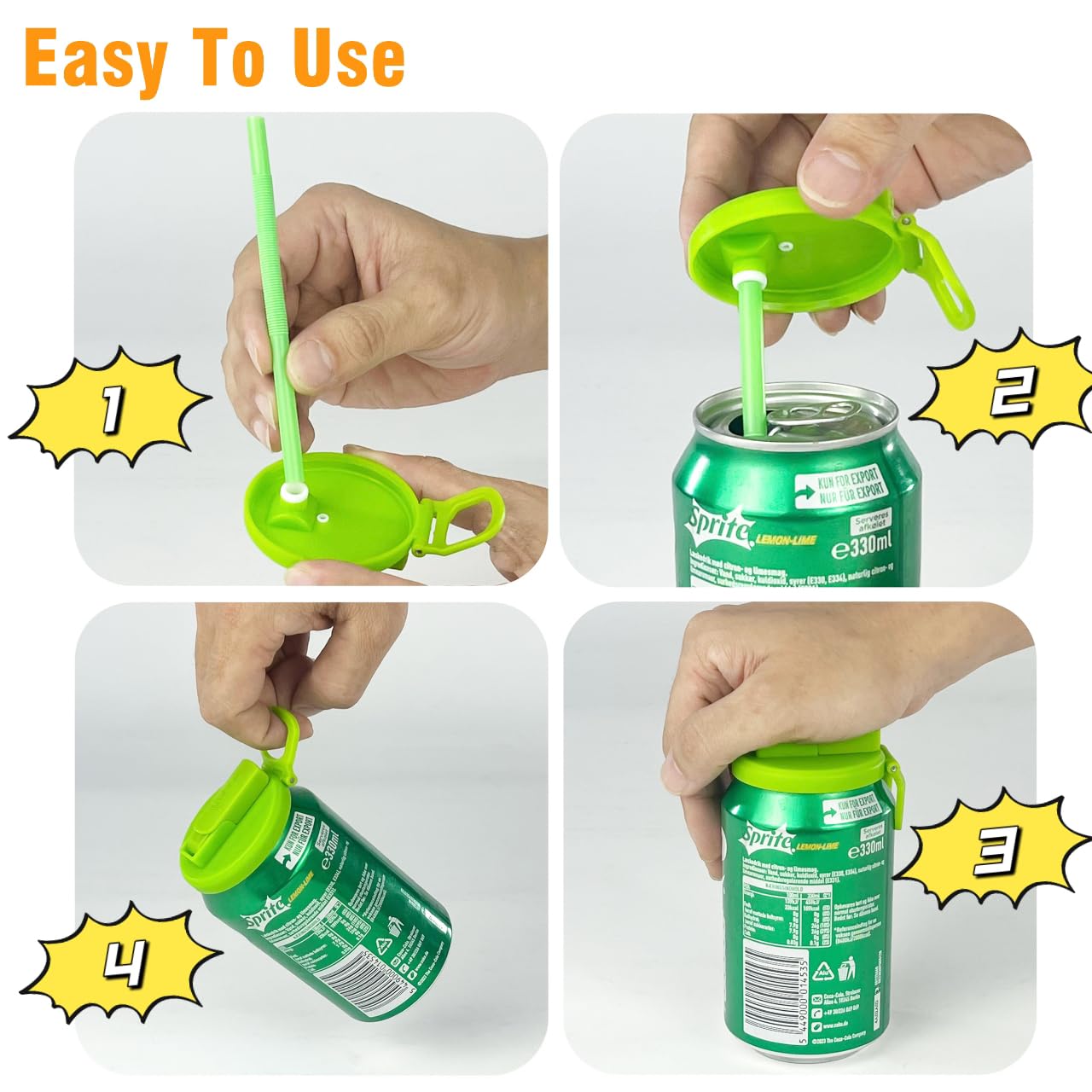 4-pack 4 Color Soda Can Lids with straw, Soda Can Covers with Silicone straw BPA-Free Reusable For Fits standard For Canned Beverage, Beer, Juice,Seltzer. (Colour mixture)