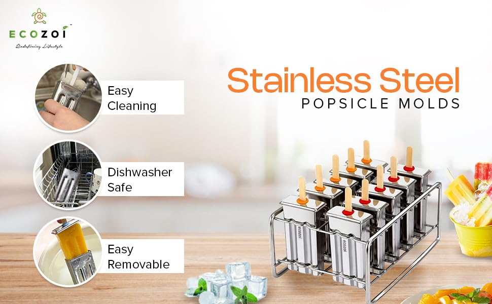 Stainless Steel Popsicle Molds and Rack - 10 Square Ice Pop Makers + 50 Reusable Bamboo Sticks + 20 Silicone Seals + 1 Cleaning Brush + 1 Rack
