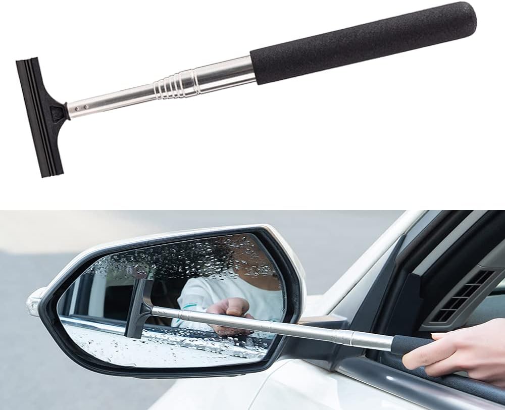 Car Side Mirror Squeegee, Retractable Telescopic Mirror Wiper, Anti-Fog & Water Cleaning Tool for Rainy & Foggy Weather, Extendable 98cm Handle, Portable Auto Mirror Cleaner