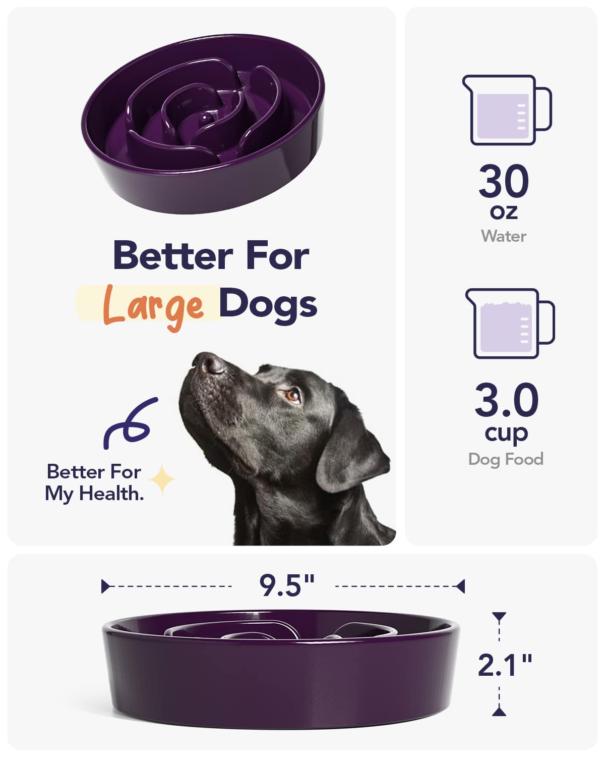 LE TAUCI Dog Bowls Slow Feeder Ceramic, 1.5 Cups Slow Feeding Dog Bowl Small Medium Breed, Puppy Slow Feeder Bowl for Fast Eater, Dog Dishes to Slow Down Eating, Puzzle Dog Food Bowl, Maze Purple