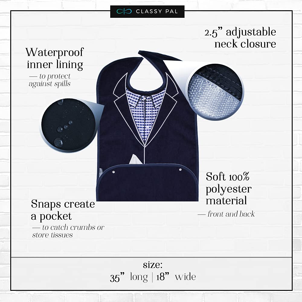 Adult Bibs for Men, Dress ‘n Dine™ Clothing Protectors for Eating, Senior Adult Bib Terry Cloth Crumb Catcher, Embroidered Design, Waterproof, Reusable, Washable (Blue Tie + Tuxedo)
