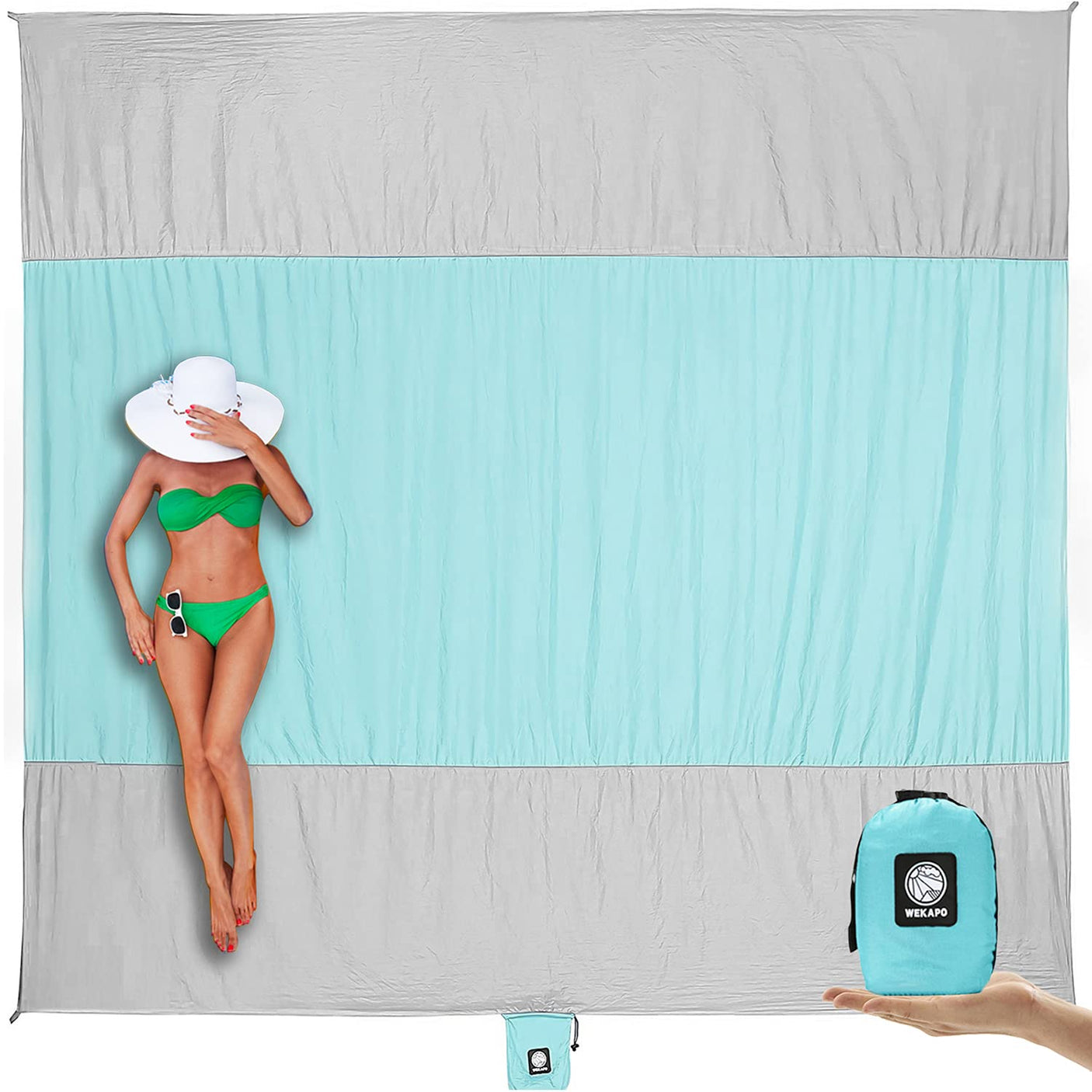 WEKAPO Beach Blanket Sandproof Waterproof, Extra Large Beach Mat, Oversized & Compact Sand Free Mat Quick Drying, Lightweight & Durable with 6 Stakes & 4 Corner Pockets
