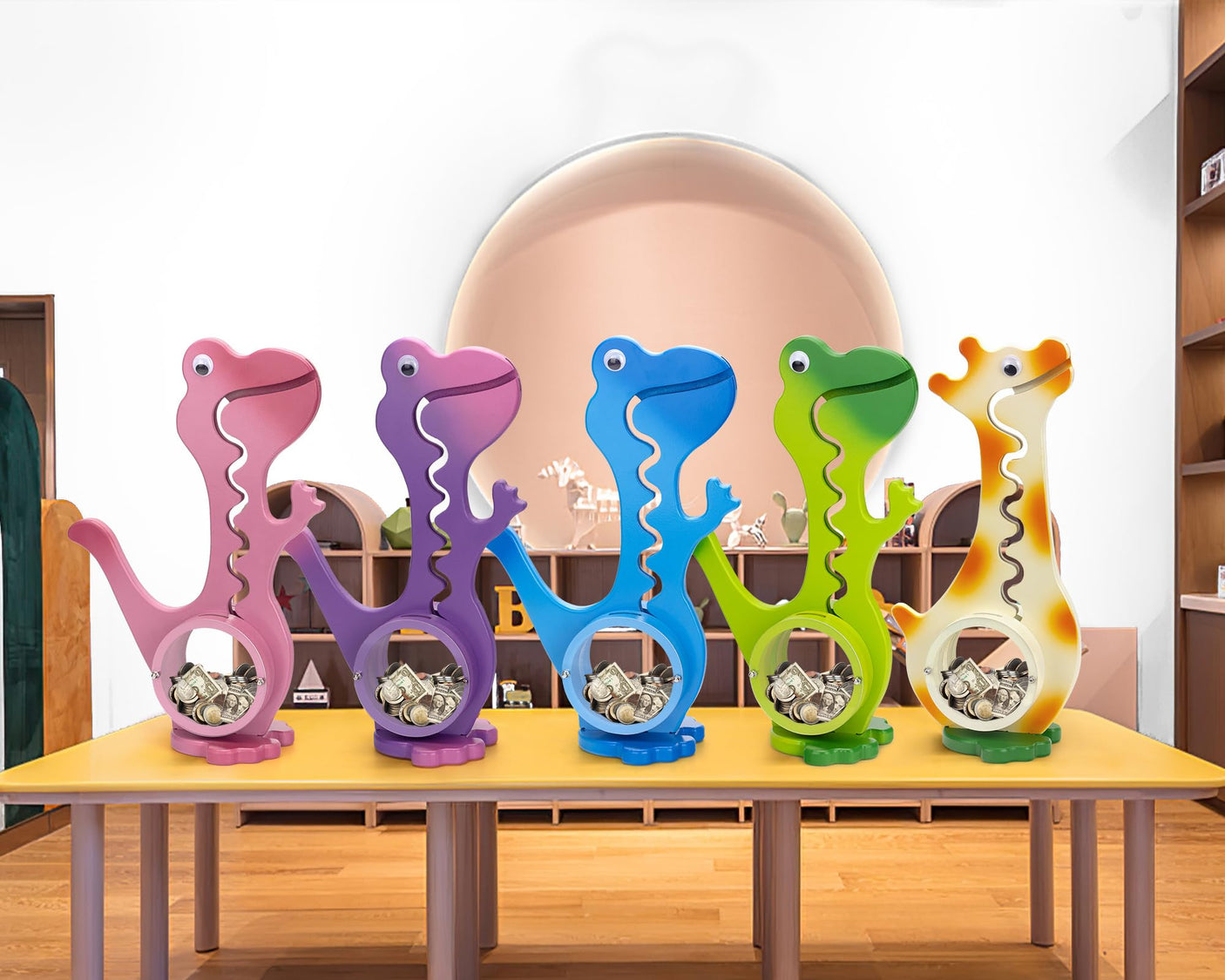 Wooden Dinosaur Piggy Bank Boalord for Boys Kids Girls Clear Big Belly Animal Coin Bank for Toddler Real Money Toy(Dino-Blue)