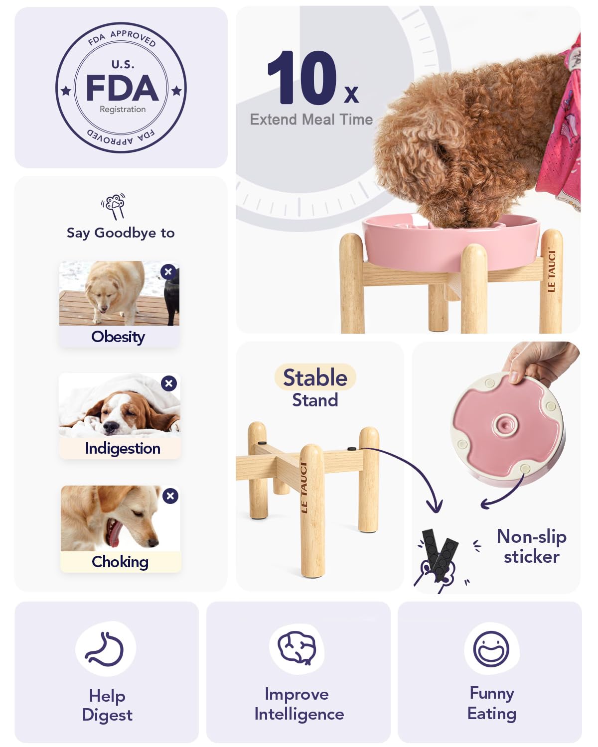 LE TAUCI Dog Bowls Slow Feeder Ceramic, 1.5 Cups Slow Feeding Dog Bowl Small Medium Breed, Puppy Slow Feeder Bowl for Fast Eater, Dog Dishes to Slow Down Eating, Puzzle Dog Food Bowl, Maze Purple