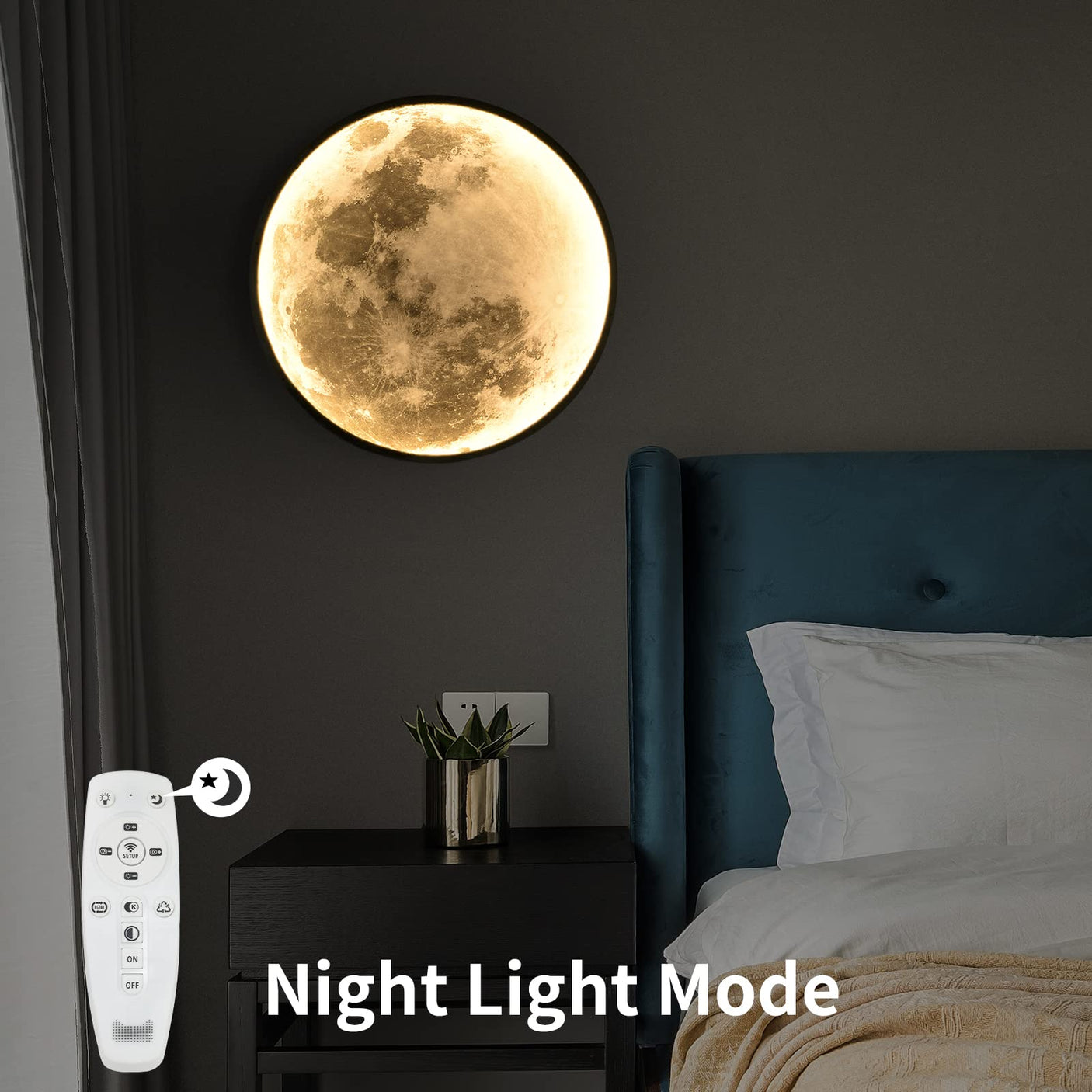 QIYIMEILUX Dimmable Moon Wall Sconce Plug in Modern LED Wall Light with Remote Control 19.7 inch 24W Black Wall Lamp Indoor Wall Mounted Lighting Ceiling Light for Living Room Bedroom(Moon)