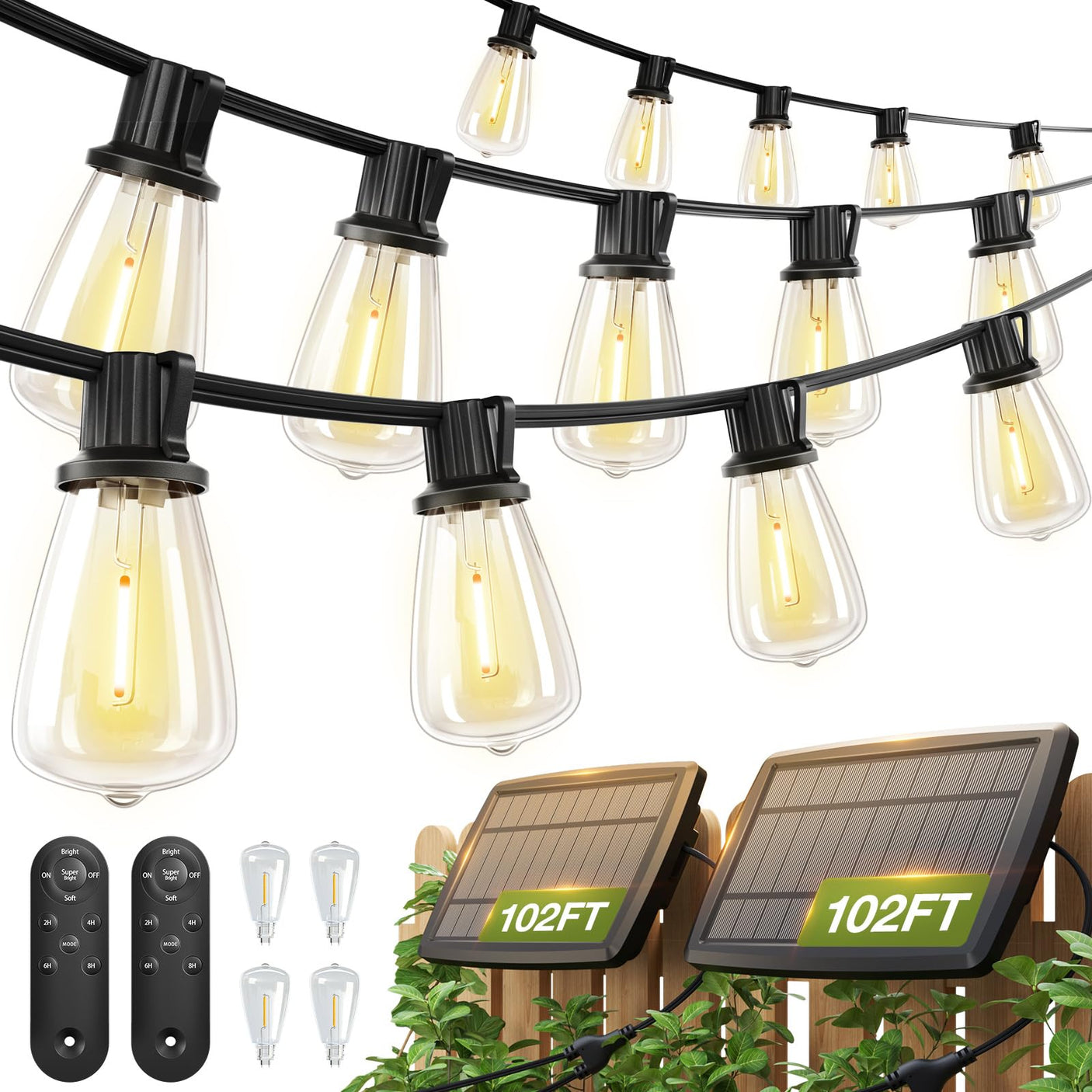 addlon 54(48+6) FT Solar String Lights Waterproof,Patio Lights Solar Powered with Remote & USB Port 15+1 LED Shatterproof Bulbs 3 Light Modes, Dimmable Solar Light for Camping Backyard Garden