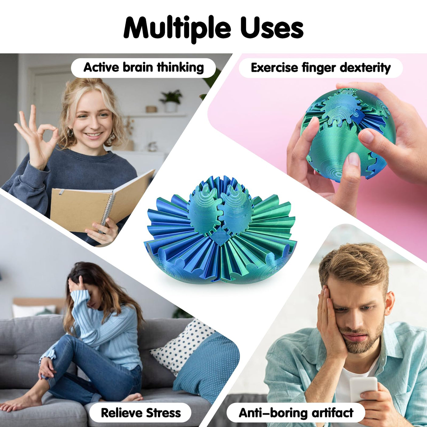 Gear Ball 3D Printed Cube Fidget Toy,Gear Sphere Fidget Toys,Sensory Toys for Stress and Anxiety Relief, Desk Toy Fidget Spinners,Stocking Stuffers for Adults & Kids Gift(Blue Green, 3.1 Inch)